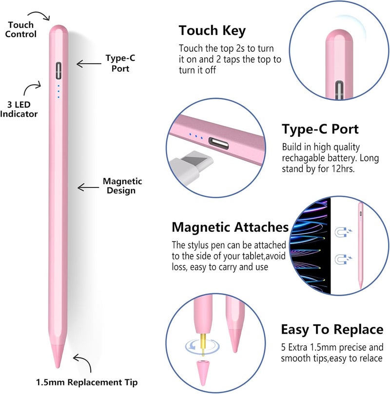 TaIYanG Stylus Pen for iPad 2018-2025 with Palm Rejection,Faster Charge,Tilt Sensitivity iPad Pencil Compatible with A16/10th/9th/8th/7th/6th,Pro 11/13inch (M4),Air M3/M2/5th/4th,Pro 11/12.9in,Mini 6/5 (Pink) - Image 5
